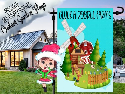 Cluck a Doodle Farms garden flag mockup with a barn, windmill and coop beside a white house.