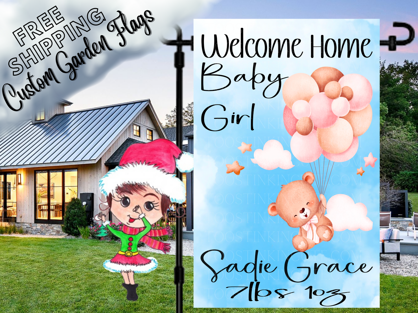 New Baby Girl Teddy Bear Garden Flag, Baby Announcement Flag