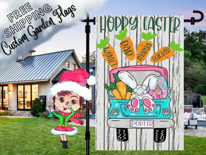 White wood-print Happy Easter garden flag mockup with a turquoise truck, bunny feet, eggs and named carrots.