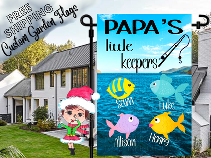 Papa's Little Keepers garden flag mockup with named colorful fish, a fishing rod and blue water.