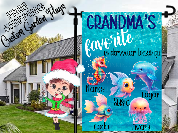 Grandma's Underwater Sea Creatures Garden Flag, Grandma Ocean Garden Flag