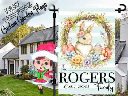 Close-up Rogers family Easter flag mockup with a flower-crowned bunny, pastel eggs and spring flowers.