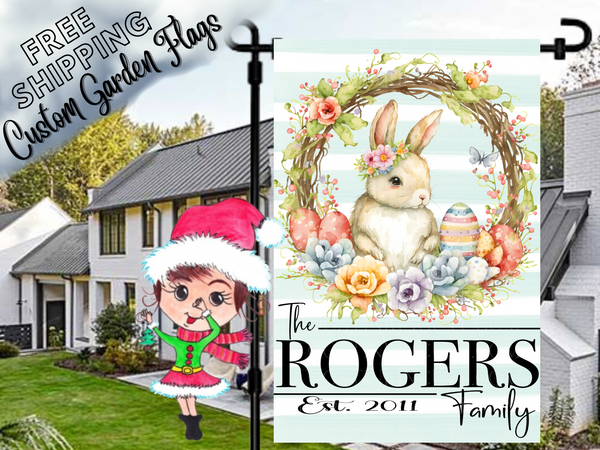 Bunny Easter Wreath Personalized Garden Flag