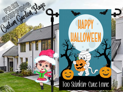 Happy Halloween garden flag mockup with a mummy holding a pumpkin, bats, bare trees, a full moon and address lettering.