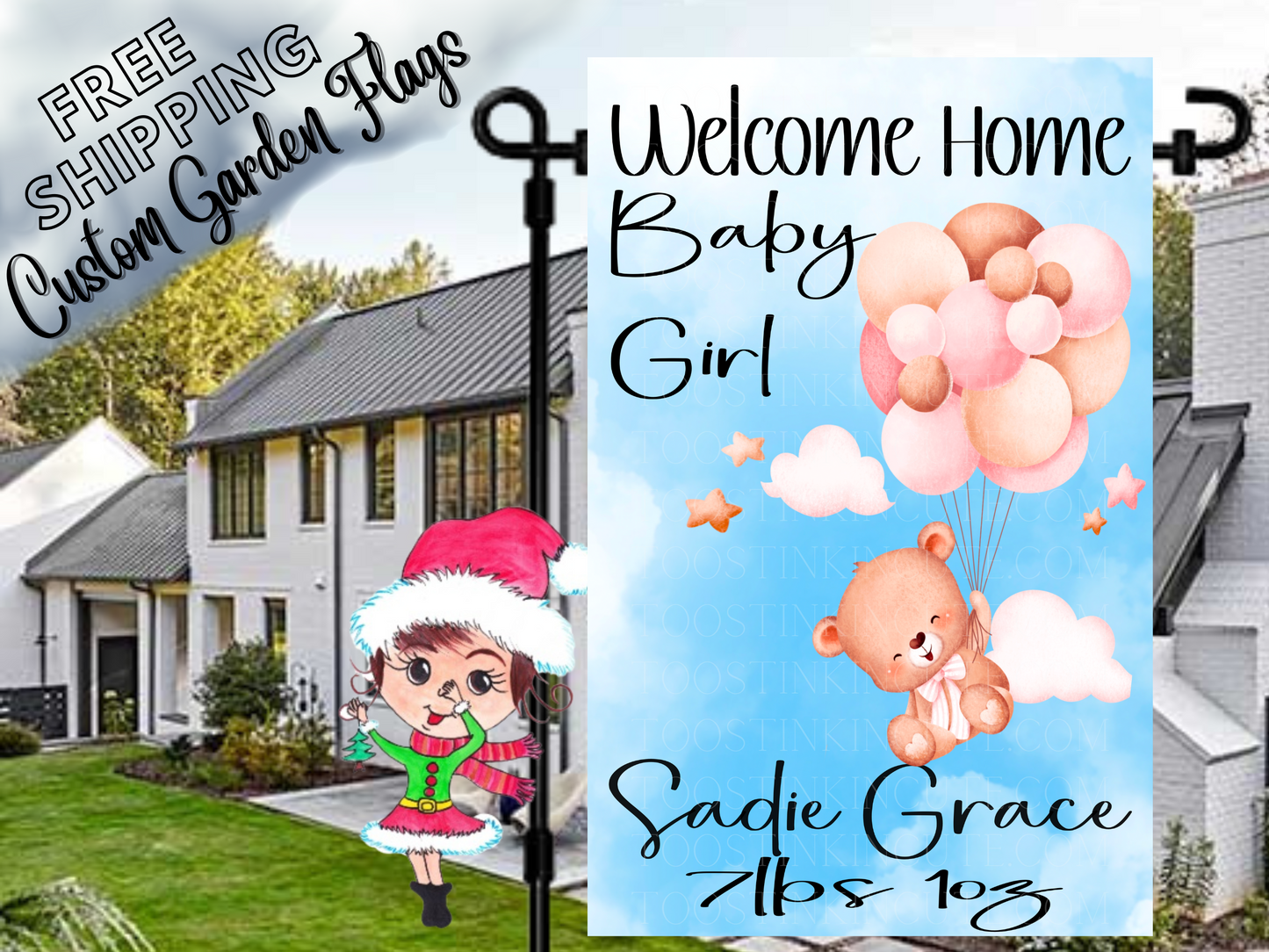 New Baby Girl Teddy Bear Garden Flag, Baby Announcement Flag