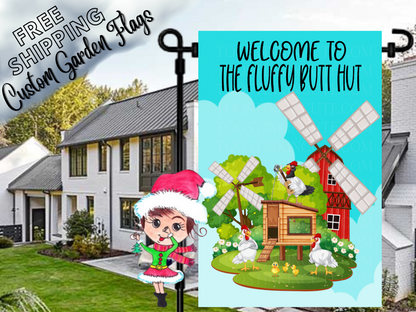 Fluffy Butt Hut garden flag mockup with chickens, a wooden coop and windmills, shown in a daytime yard.