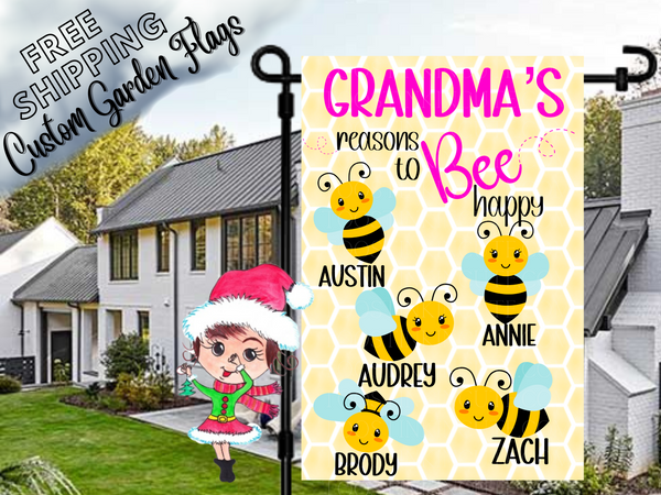 Grandma's Reasons to Bee Happy,Honeybee Flag,Bee Garden Flag,Family Flag,Grandma's Garden,Grandkid Flag,Honeybee Garden Flag,Flower Garden