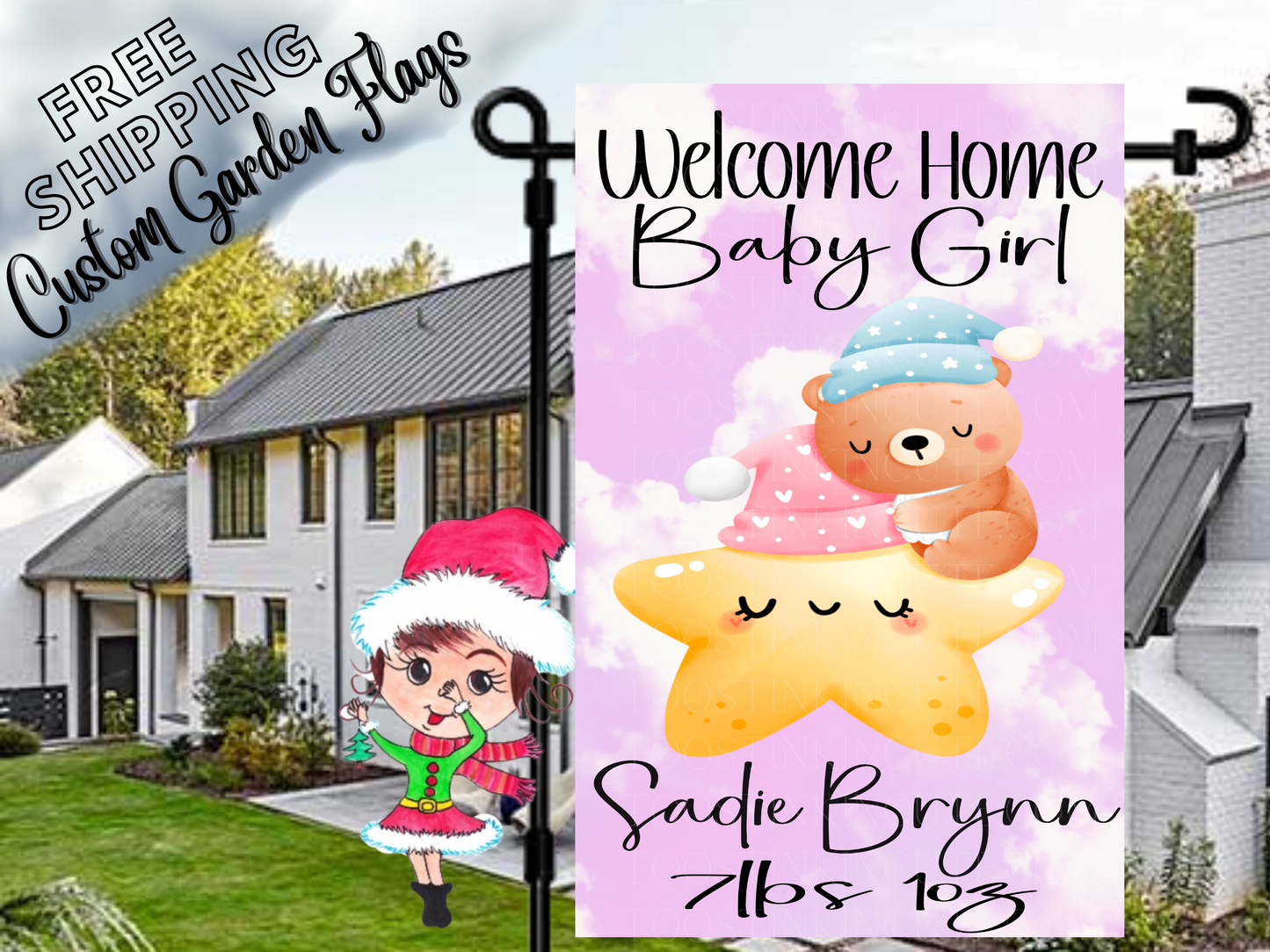 Bear on Star Newborn Baby Girl Garden Flag