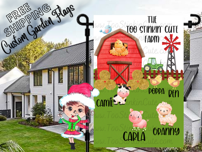 Too Stinkin' Cute Farm garden flag with a red barn, windmill and named cartoon farm animals in a daytime yard.