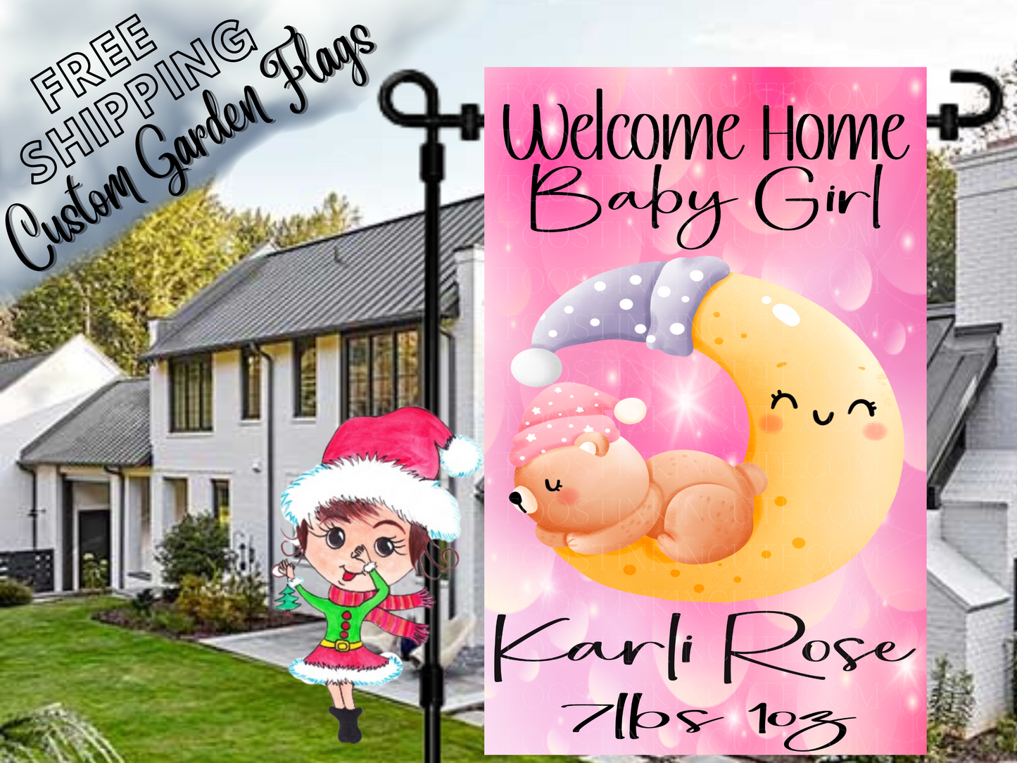 Baby Announcement New Baby Girl Bear on Cloud Garden Flag