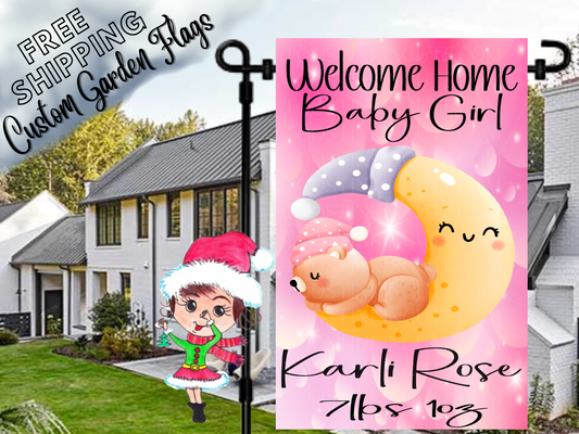 Baby Announcement New Baby Girl Bear on Cloud Garden Flag