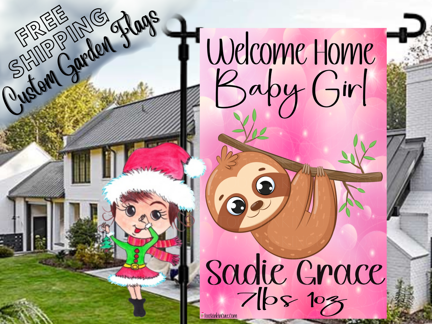 Sloth Baby Girl Garden Flag,  Newborn Baby Flag