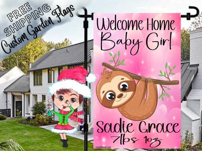 Sloth Baby Girl Garden Flag