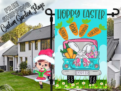 Happy Easter truck garden flag mockup with bunny feet, eggs and named carrots, displayed in a daytime yard.