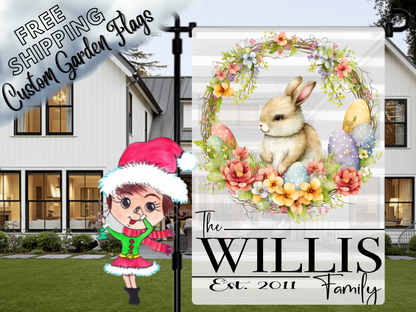 Garden flag mockup with a brown bunny inside a spring-flower and Easter-egg wreath and Willis family name.