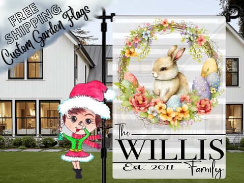 Easter Bunny Wreath Personalized Garden Flag