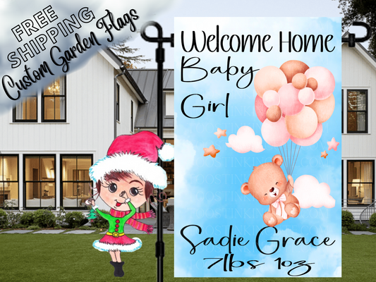 New Baby Girl Teddy Bear Garden Flag, Baby Announcement Flag
