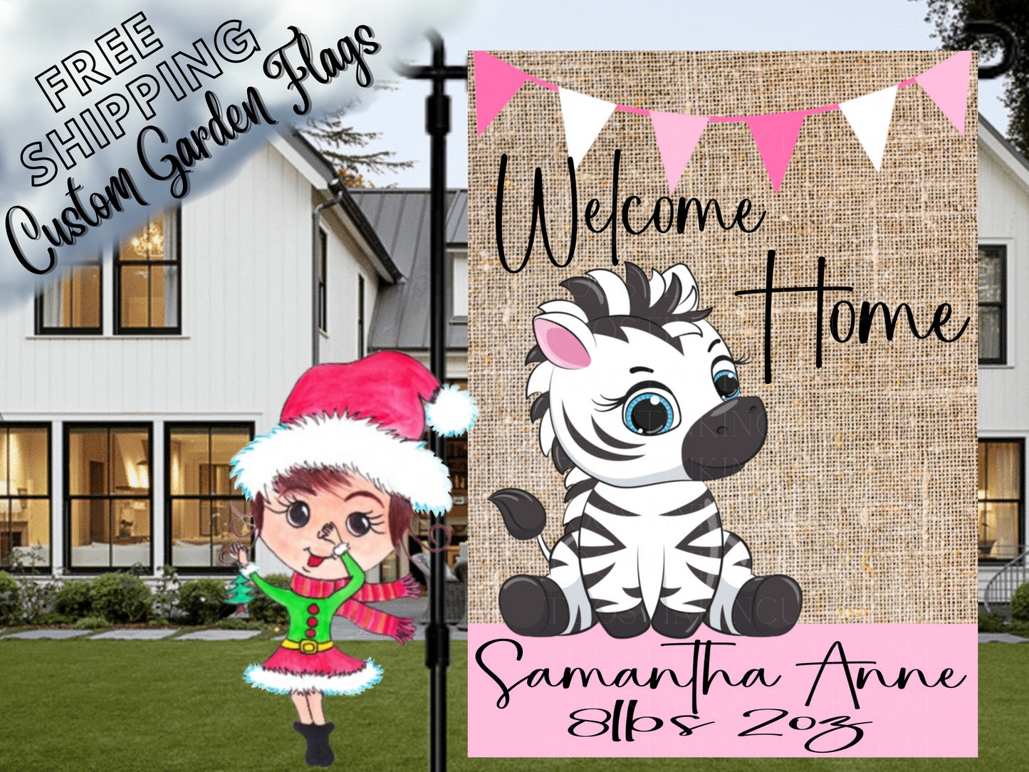 Baby Girl Zebra Garden Flag, Newborn Baby Flag