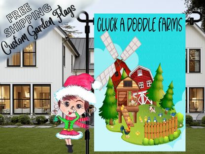 Cluck a Doodle Farms flag with barn, windmill and chicken coop, displayed in front of a porch.