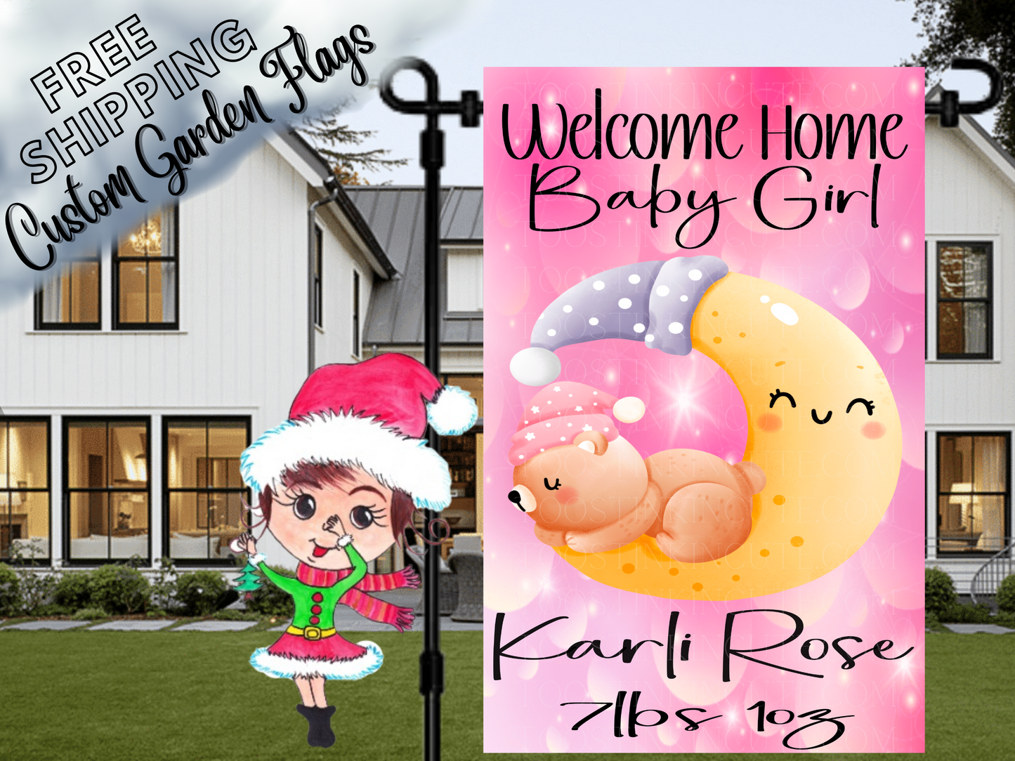 Baby Announcement New Baby Girl Bear on Cloud Garden Flag