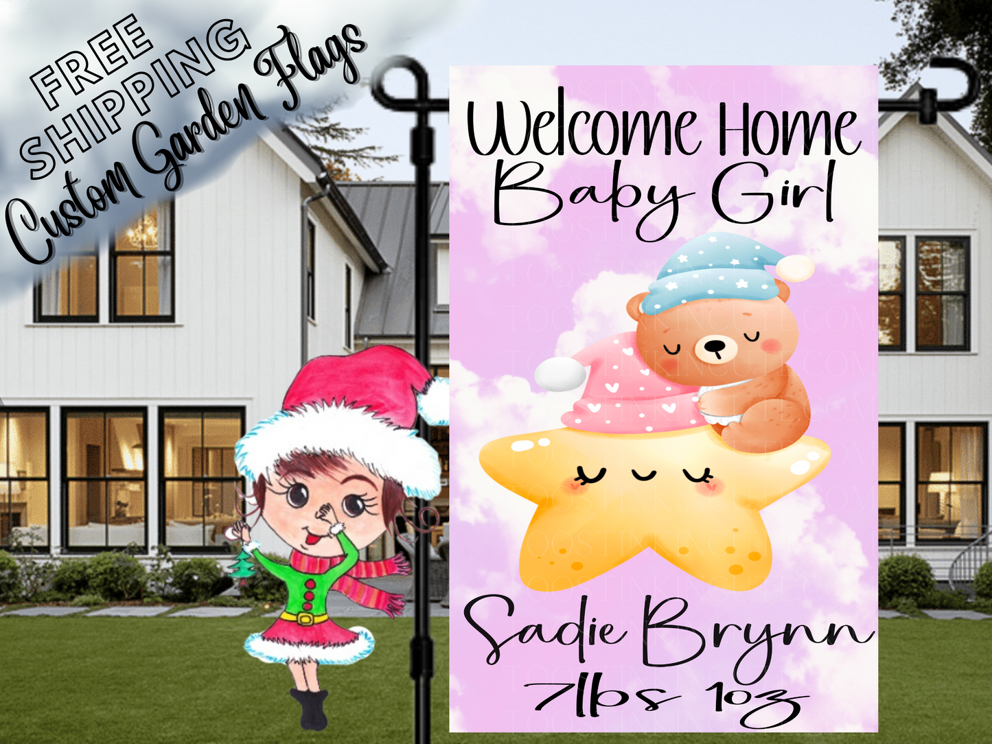 Bear on Star Newborn Baby Girl Garden Flag