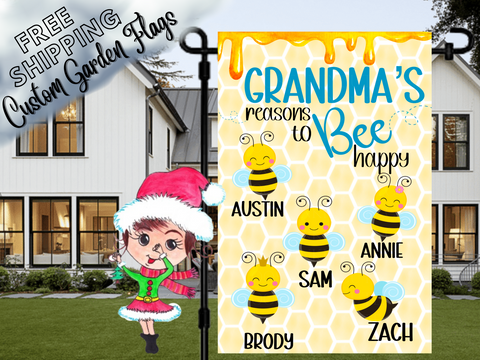 Garden Bee,Bee Garden Flag,Grandma's Reasons to Bee Happy,Grandkid Flag,Family Garden Flag,Flower Garden Flag,Bee Flag,Spring Honeybee Flag