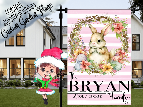 Easter Bunny Wreath Personalized Garden Flag