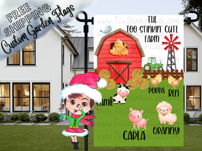 Too Stinkin' Cute Farm garden flag with a red barn, windmill and named cartoon farm animals in a close garden-stand view.