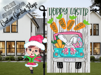 Close-up Happy Easter flag mockup with turquoise truck, bunny feet and named carrots, displayed in front of a porch.
