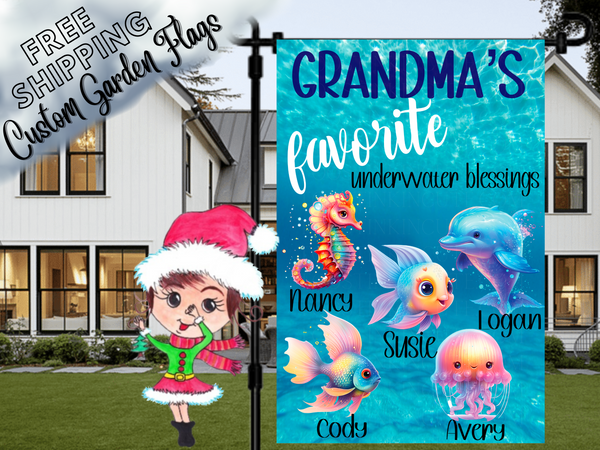 Grandma's Underwater Sea Creatures Garden Flag, Grandma Ocean Garden Flag