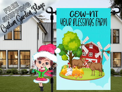 Cow-nt Your Blessings Farm flag with cows, chickens and red barn, displayed in front of a porch.