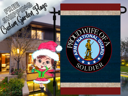 Proud Wife of a Soldier garden flag with Army National Guard emblem, navy background and red borders shown at dusk.