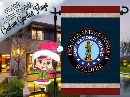 Proud Grandparents of a Soldier garden flag with an Army National Guard emblem, navy background and red and cream bands. Shown at dusk.