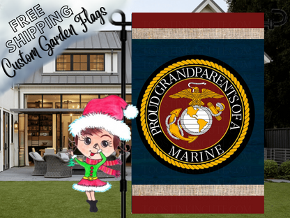 Proud Grandparents of a Marine garden flag with eagle, globe and anchor emblem, navy center and red borders in front of a porch.