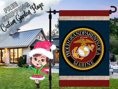 Proud Grandparents of a Marine garden flag with eagle, globe and anchor emblem, navy center and red borders beside a white house.