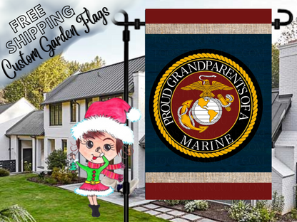Proud Grandparents of a Marine garden flag with eagle, globe and anchor emblem, navy center and red borders in a daytime yard.
