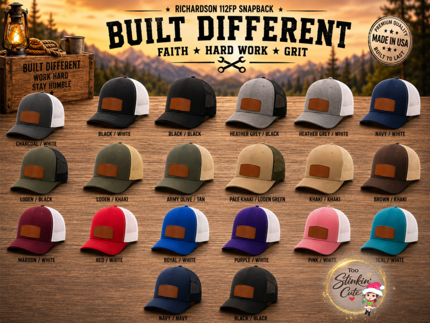 Built Different leather patch Richardson 112FP snapback hat with Faith Hard Work Grit design