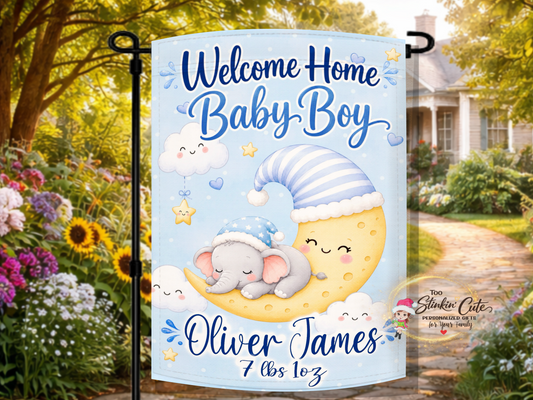 Personalized elephant moon baby boy garden flag with custom name