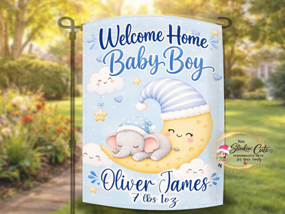 Custom baby boy yard flag with sleeping elephant artwork