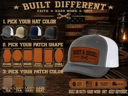 Charcoal and white Richardson 112FP trucker hat with engraved leather Built Different patch