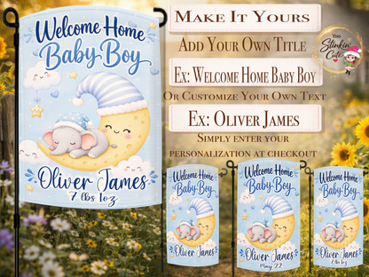 Welcome home baby boy flag featuring sleeping elephant on moon