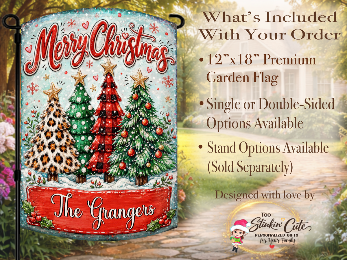 Personalized Christmas porch flag with a custom family name, colorful boutique-style Christmas trees, snowflakes, stars, hearts, holly, and festive red lettering.