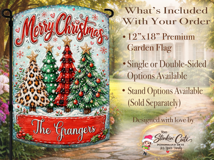 Personalized Christmas porch flag with a custom family name, colorful boutique-style Christmas trees, snowflakes, stars, hearts, holly, and festive red lettering.