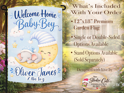 Custom newborn birth announcement flag with elephant and stars