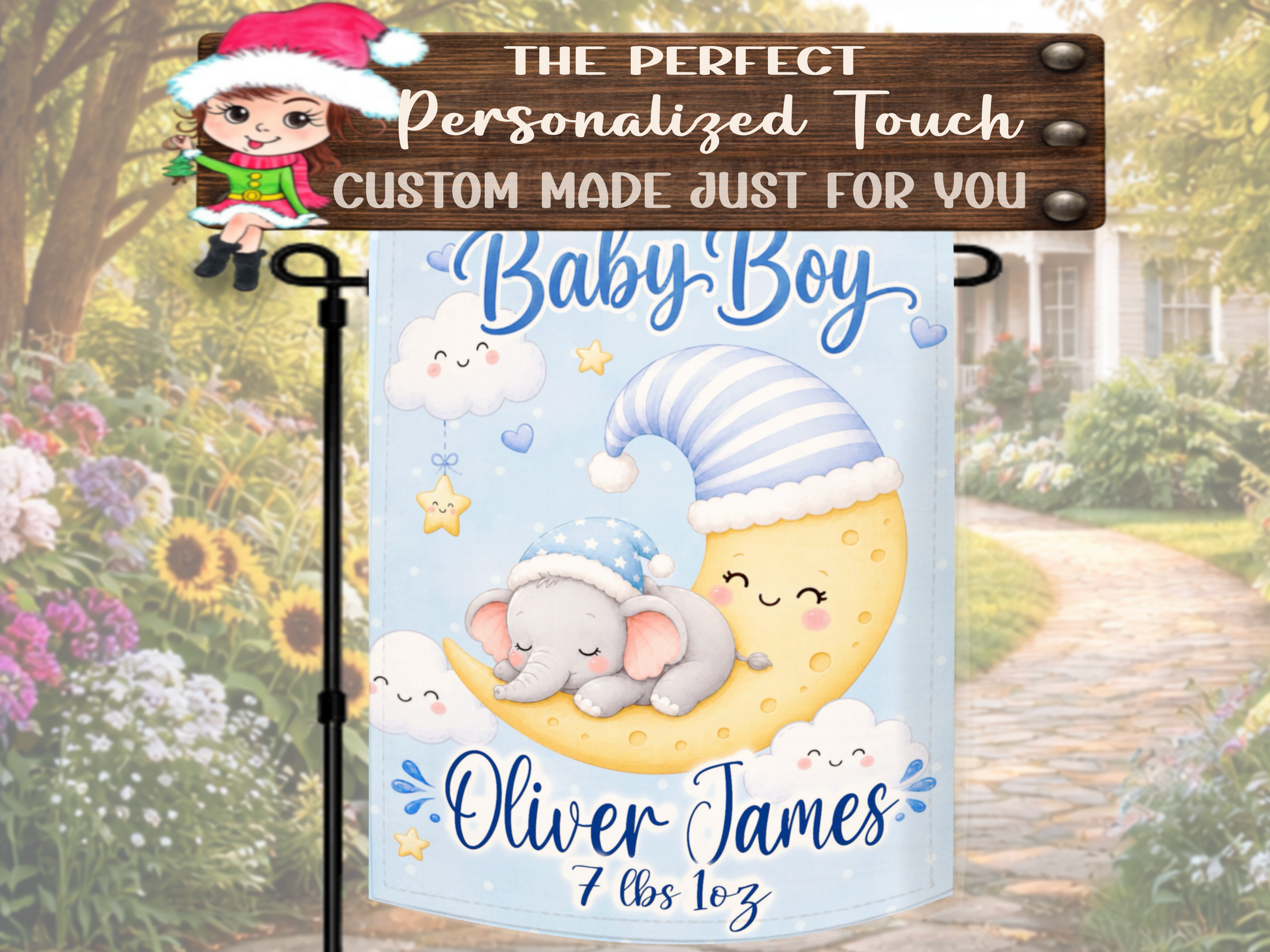 Blue elephant moon baby boy porch flag with birth stats