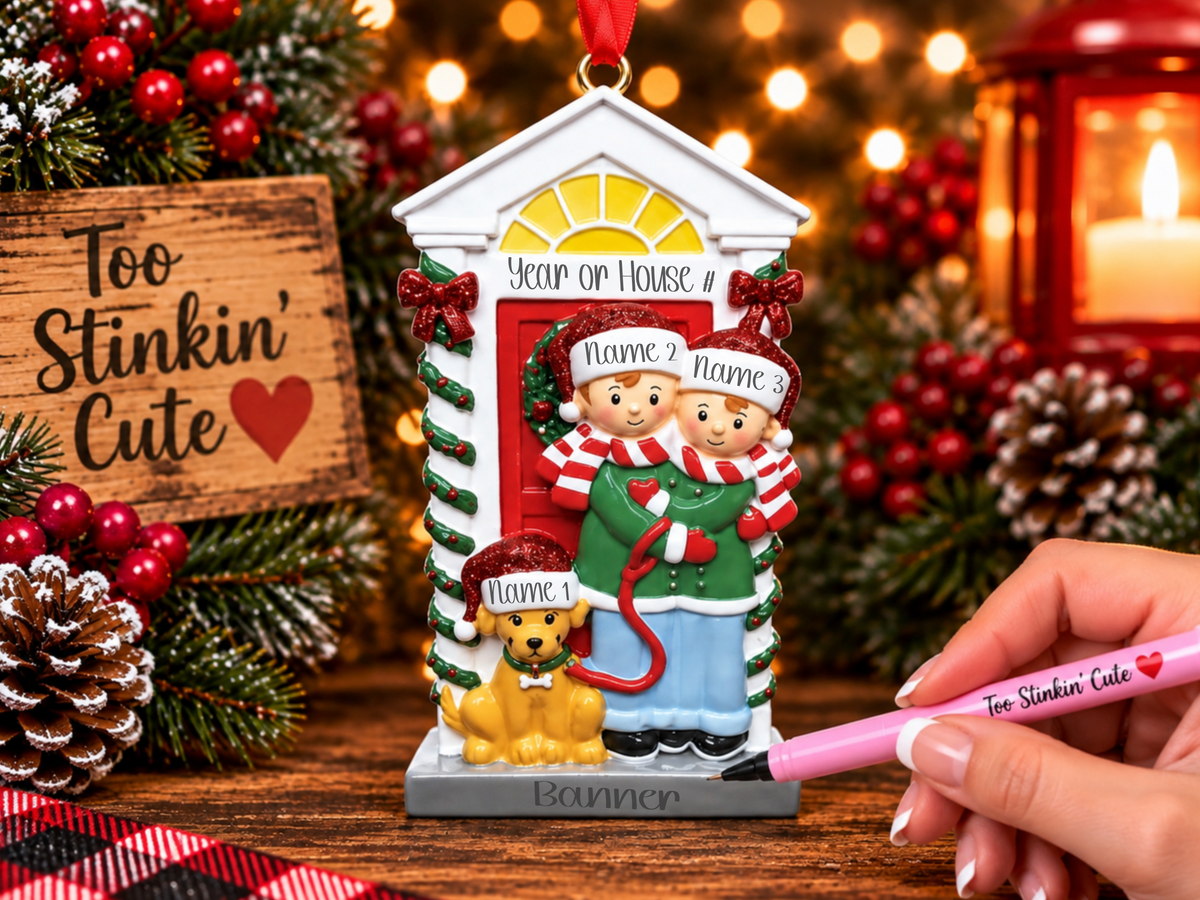 Custom family-of-three ornament featuring two people and one dog