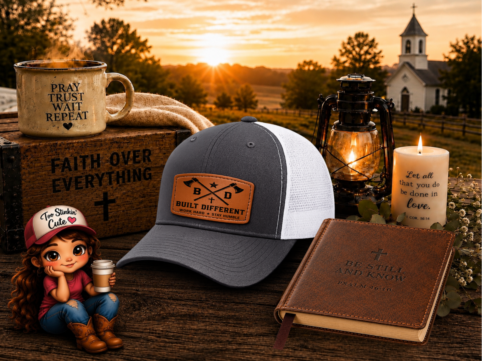 Built Different Richardson 112FP charcoal white leather patch trucker hat on rustic outdoor table