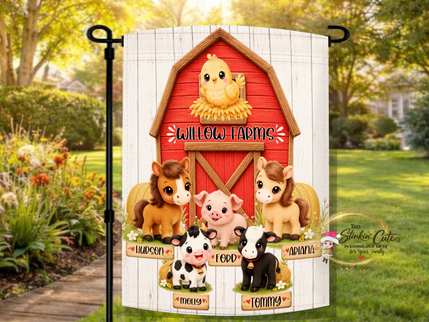 Farm-themed outdoor garden flag customized with family names