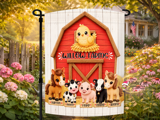 Personalized farm animal garden flag featuring custom family names and red barn