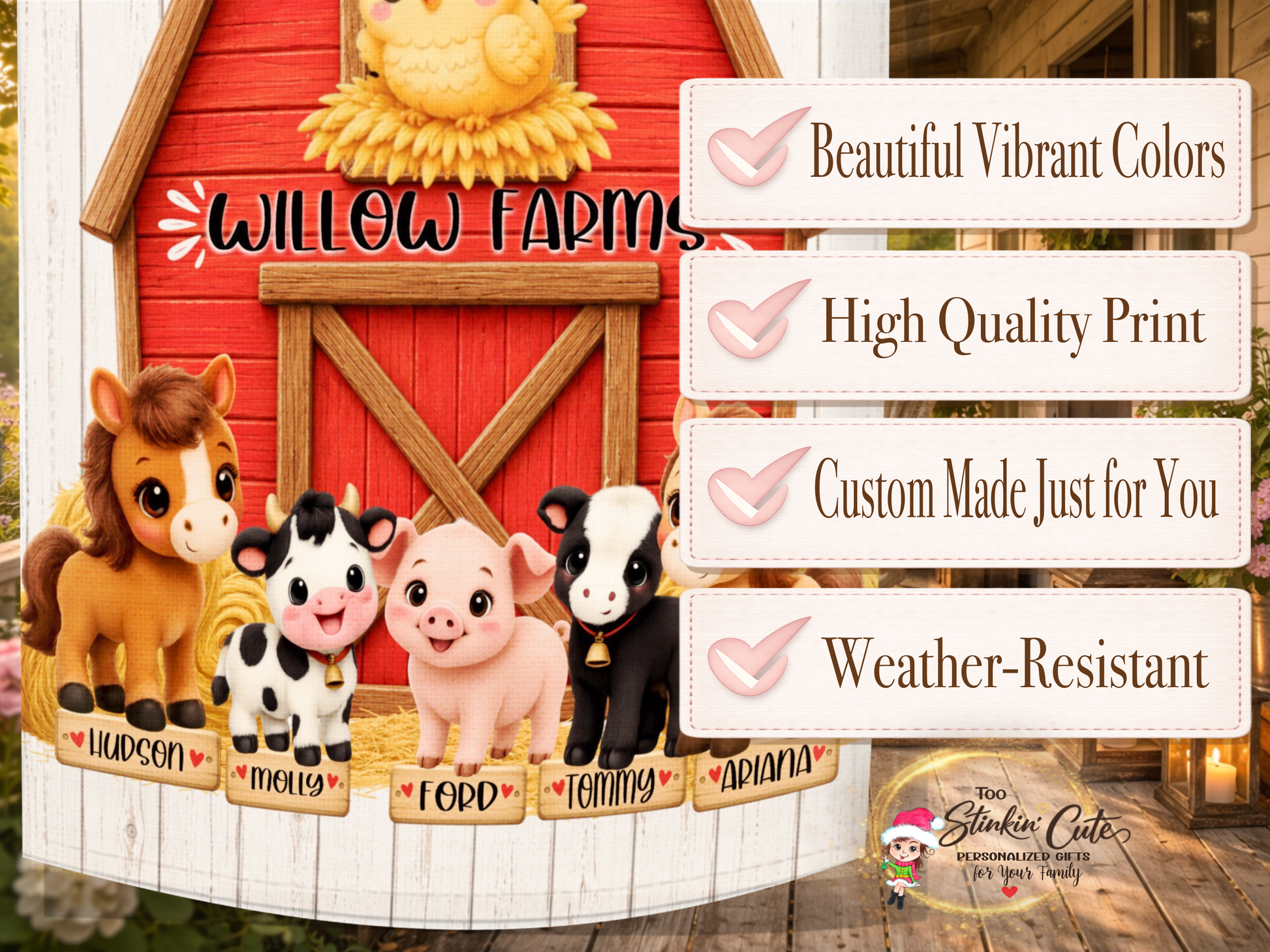 Custom homestead garden flag with rustic red barn and farm animals